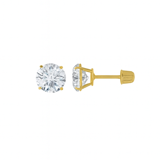 Pair of 14k yellow gold solitaire cz stud earrings with screw backs on a white background