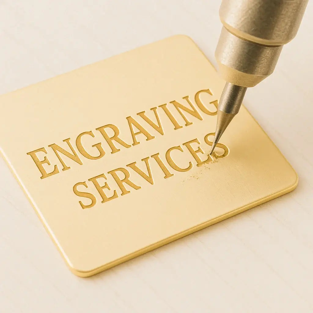 Close-up of engraving services being carved into a gold metal plate, showcasing precision and craftsmanship.