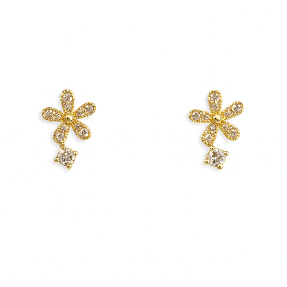 Pair of gold daisy-shaped stud earrings on a white background, each featuring five petals paved with clear cubic zirconia and a square-cut cubic zirconia detail soldered at the base
