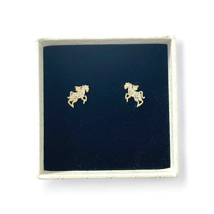 gold plated cuibic zirconia pegasus earrings in a white gift box with black velvet lining