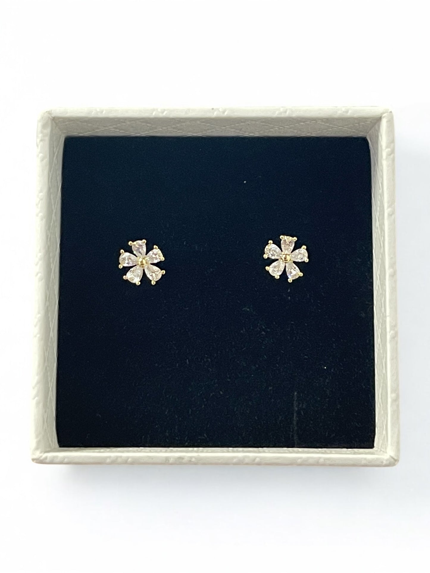 Pair of gold flower-shaped earrings on a black cushion in a jewellery box.