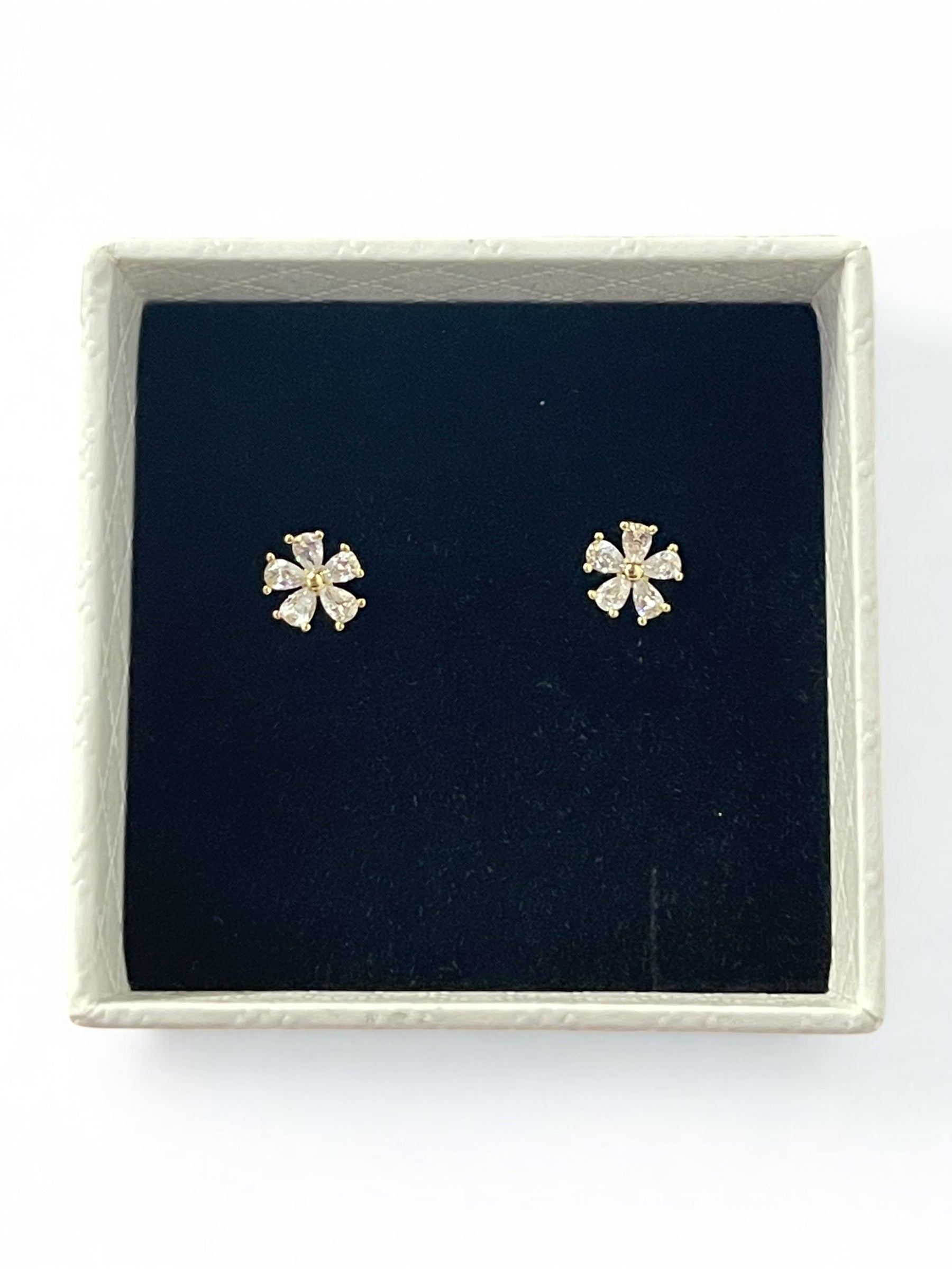 Pair of gold flower-shaped earrings on a black cushion in a jewellery box.