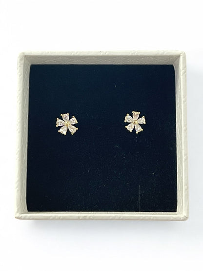 Pair of gold flower-shaped earrings on a black cushion in a jewellery box.