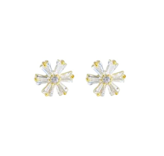 Pair of gold and clear crystal stud earrings on a white background