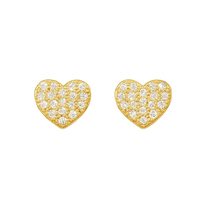 Heart-shaped gold earrings with clear gemstones on a white background