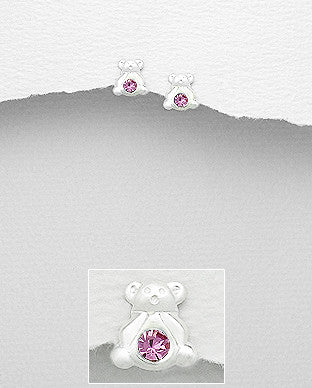 Baby and Children's Earrings:  Sterling Silver Teddy Bear Earrings with Pink CZ