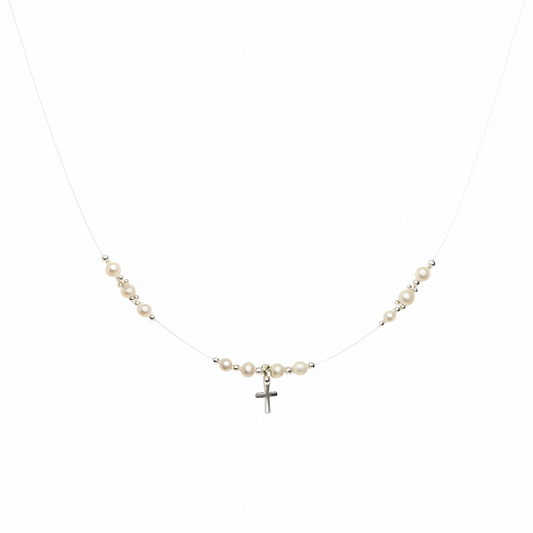 Necklace with pearls and a cross pendant on a white background