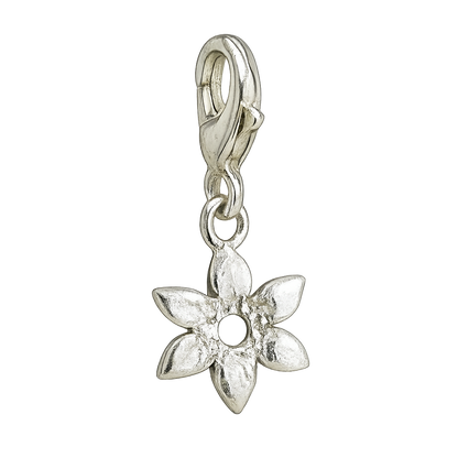 Silver flower-shaped charm on a white background