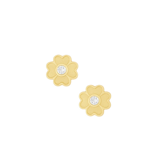 Gold flower-shaped earrings with clear gemstones on a white background