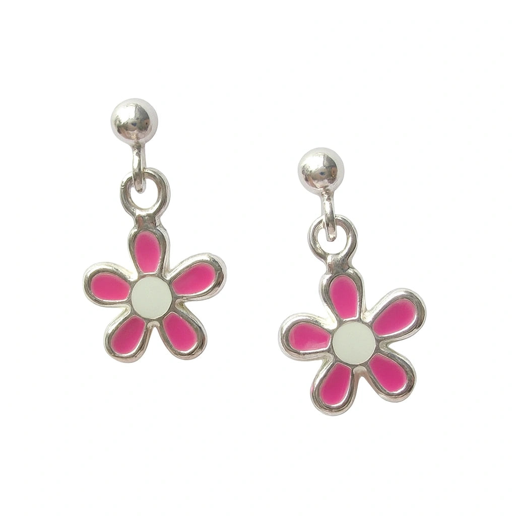 Flower earrings in sterling silver featuring 6mm pink flower drops and push backs for kids, perfect for gifts.