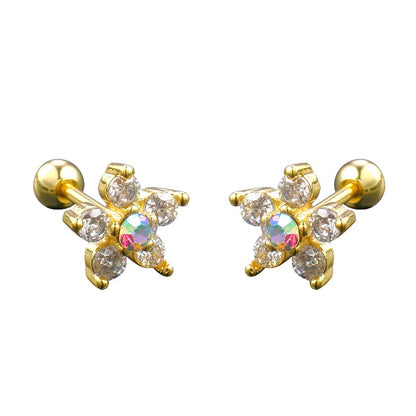 A pair of gold-coloured surgical steel earrings with clear cubic zirconia petals and an aurora borealis centre, attached with screw backs.