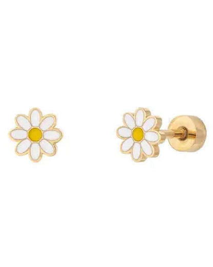 A pair of baby and children's earrings featuring white daisies with yellow petals, attached with screw back closures.