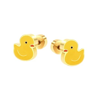 Gold duck-shaped earrings on a white background