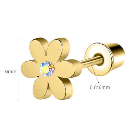 Gold flower-shaped earring with a clear gemstone on a white background