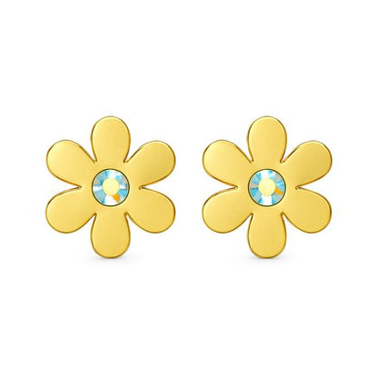 Gold flower-shaped earrings with a central gemstone on a white background