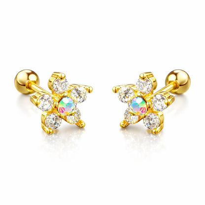 Children's earrings featuring clear CZ flower design with aurora borealis center and gold-tone screw back.
