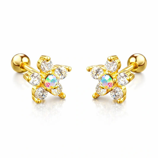 Children's earrings featuring clear CZ flower design with aurora borealis center and gold-tone screw back.