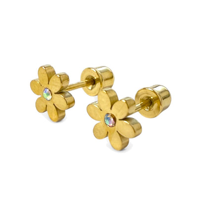 Gold flower-shaped earrings with gemstones on a white background