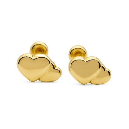 Double Heart 14k Gold Heart Stud Earrings for Children, perfect accessory for babies and girls.
