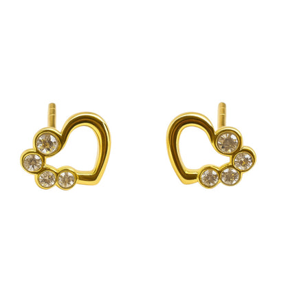 Pair of gold-plated open-heart stud earrings on a white background, each heart outline accented along one side with four bezel-set clear round crystals.