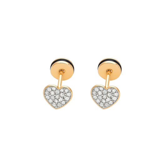 Heart-shaped earrings with gold and clear gemstones on a white background