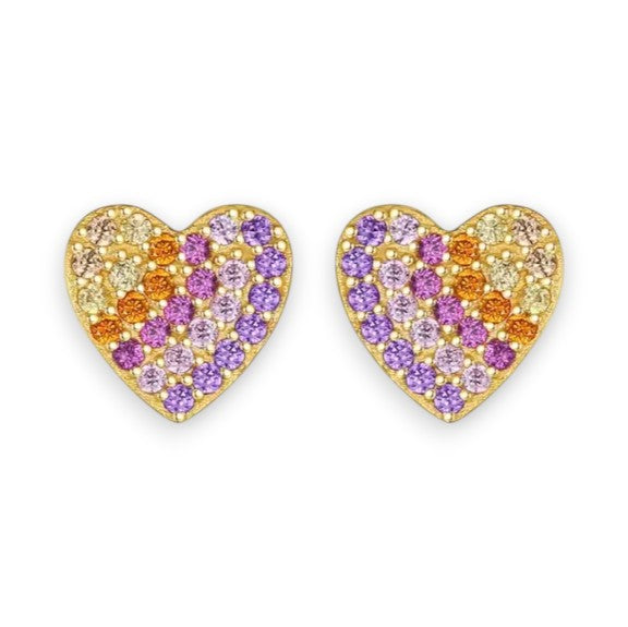 Gold-plated rainbow CZ heart stud earrings for children and women – close-up