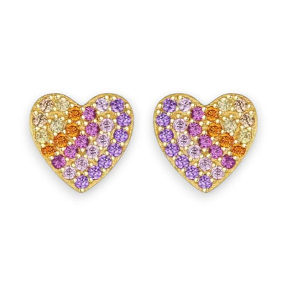 Gold-plated rainbow CZ heart stud earrings for children and women – close-up