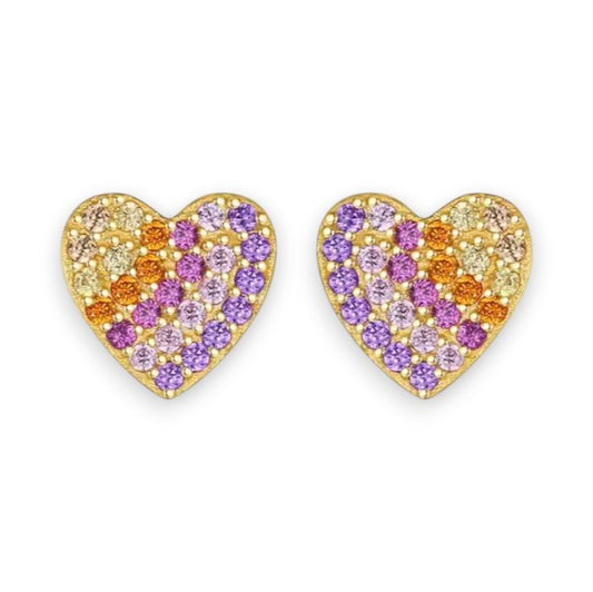 Gold-plated rainbow CZ heart stud earrings for children and women – close-up