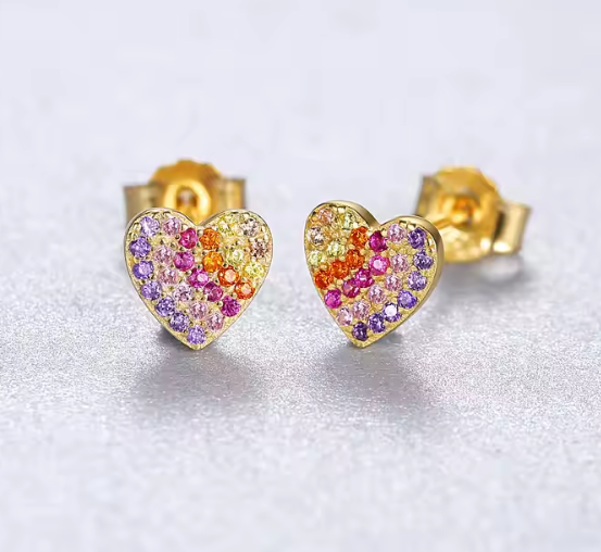 Pair of 14K gold plated 925 sterling silver rainbow CZ heart earrings