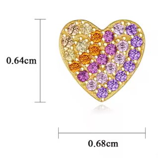 Heart-shaped jewellery piece with multi-coloured stones and measurements of 0.64cm x 0.68 cm on a white background