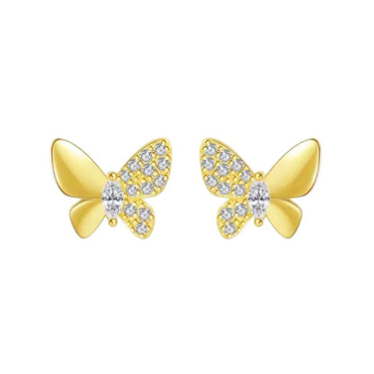 Front view of 14K gold-plated butterfly stud earrings with cubic zirconia accents on white background