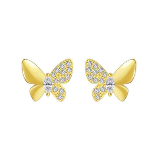Front view of 14K gold-plated butterfly stud earrings with cubic zirconia accents on white background