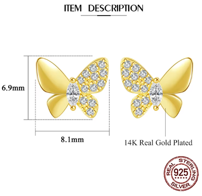 Gold butterfly earrings with clear stones, dimensions, and 'Real Sterling Silver' stamp on a white background.