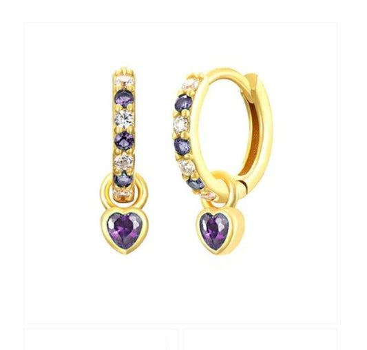 Gold plated sterling silver hinged hoop earrings paved with purple and clear cubic zirconia and featuring purple cz heart dangles