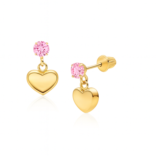 Gold heart-shaped earrings with pink gemstones on a white background