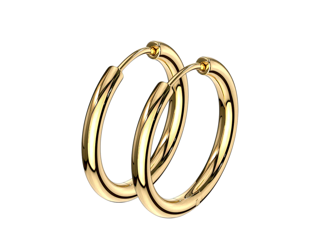 Pair of polished gold-plated surgical-steel hinged hoop earrings, each formed from a smooth tubular band with a discreet click-shut closure