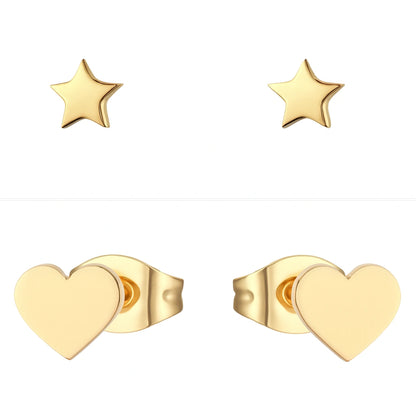 Children's earring set featuring gold heart and star studs, perfect for kids' jewellery collections.
