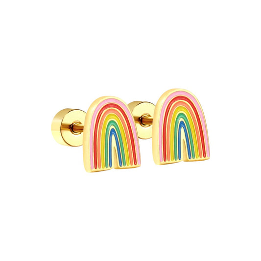 Kids rainbow screw back earrings featuring colorful rainbow design, made of 18K gold plated stainless steel.