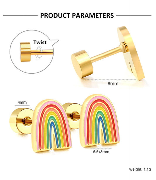 Kids rainbow screw back earrings in 18K gold plated stainless steel, showcasing colorful rainbow design and product parameters.
