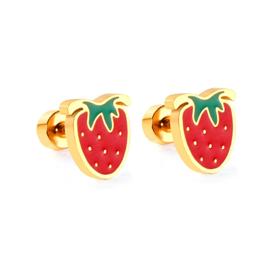 A pair of gold-coloured surgical steel earrings designed as red strawberries with green seeds.
