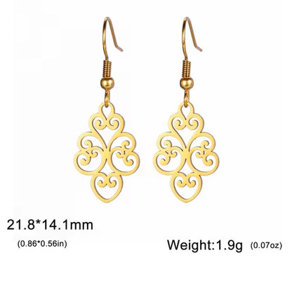 A pair of gold-coloured drop earrings with intricate patterns, displayed against a white background, with dimensions provided.