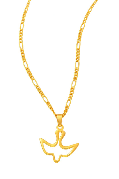 Gold necklace with a dove-shaped pendant on a white background