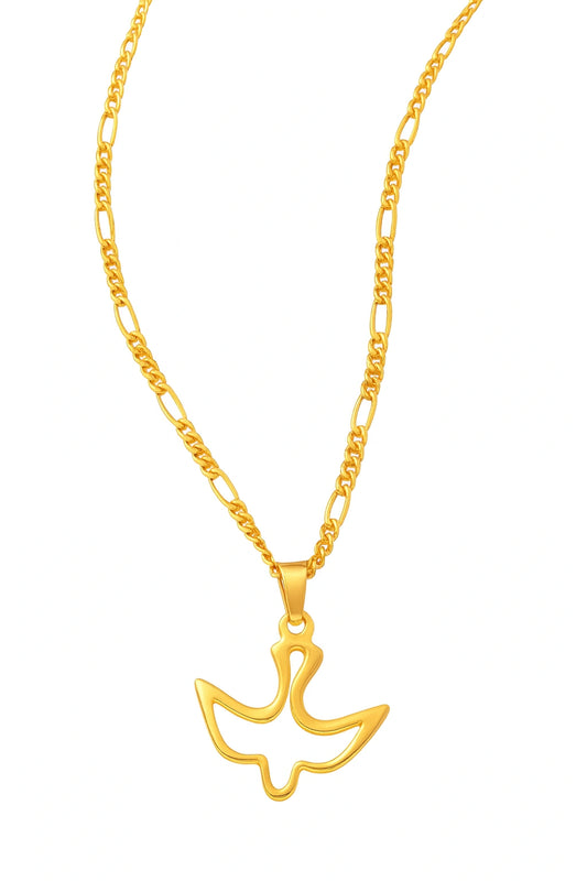 Gold necklace with a dove-shaped pendant on a white background