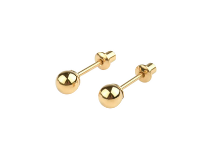 A pair of polished surgical steel 4mm ball stud earrings with screw backs an yellow gold ionic plating.