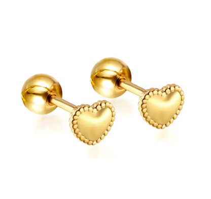 A pair of 18k gold plated surgical steel stud earrings designed with Art Deco inspired milgrain hearts.