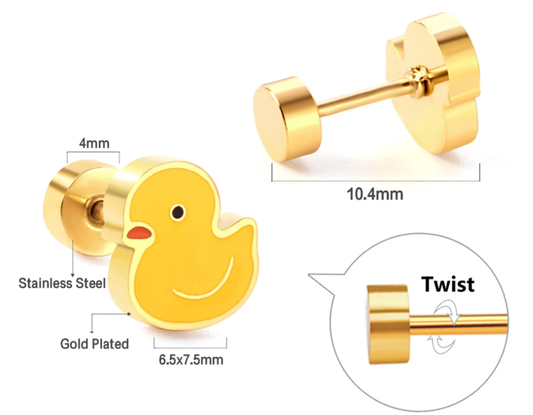 Gold duck-shaped earrings with measurements and details on a white background