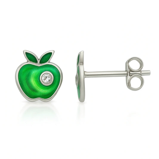 Apple Earrings for Kids - Sterling Silver Children's Earrings with CZ (green)