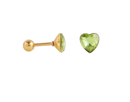A pair of children's earrings with gold IP coating, featuring a heart-shaped green screw back design.