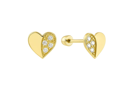 A pair of 14k gold heart-shaped earrings with semi-pave cubic zirconia and screw back closures, displayed against a white background.