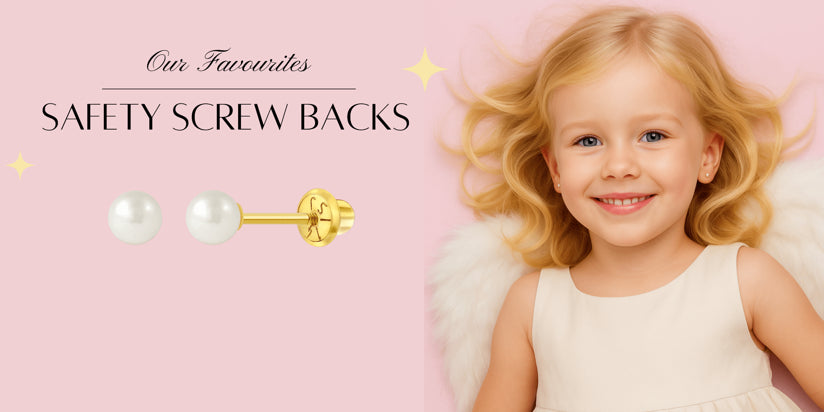 Child with pearl earrings on a pink background with text about safety screw backs